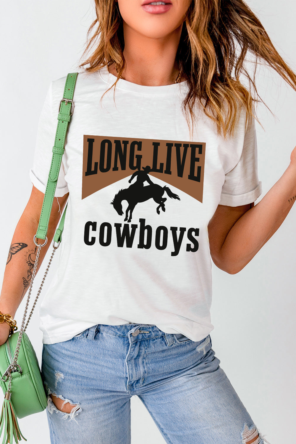 White LONG LIVE Cowboys Western Heat Transfer Printing Graphic Loose Tee