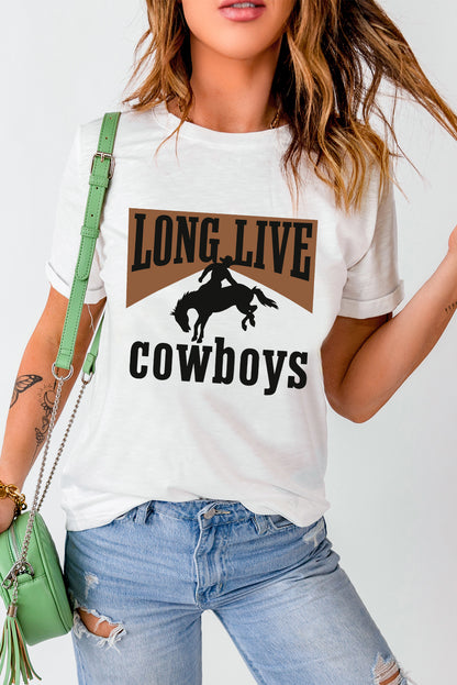 White LONG LIVE Cowboys Western Heat Transfer Printing Graphic Loose Tee