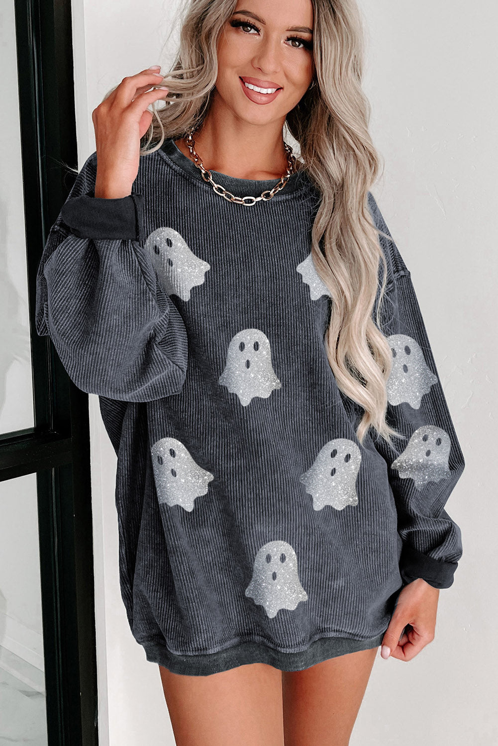 Black Halloween Ghost Transfer Vinyl Process Corded Crew Neck Loose Sweatshirt