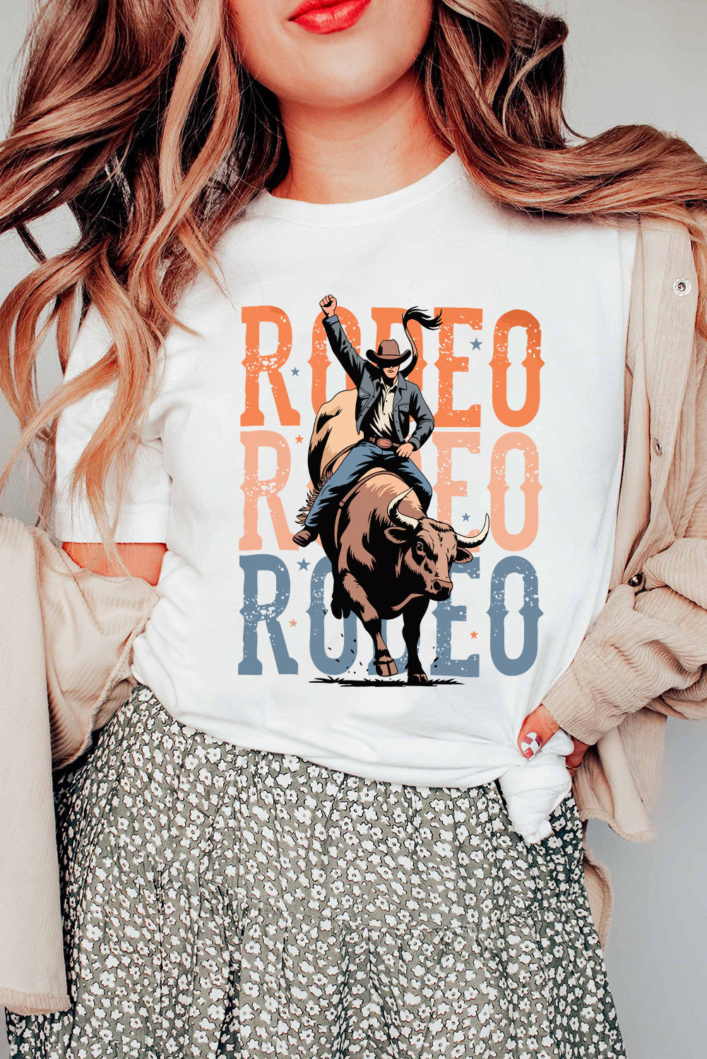 White RODEO Heat Transfer Printing Graphic T Shirt