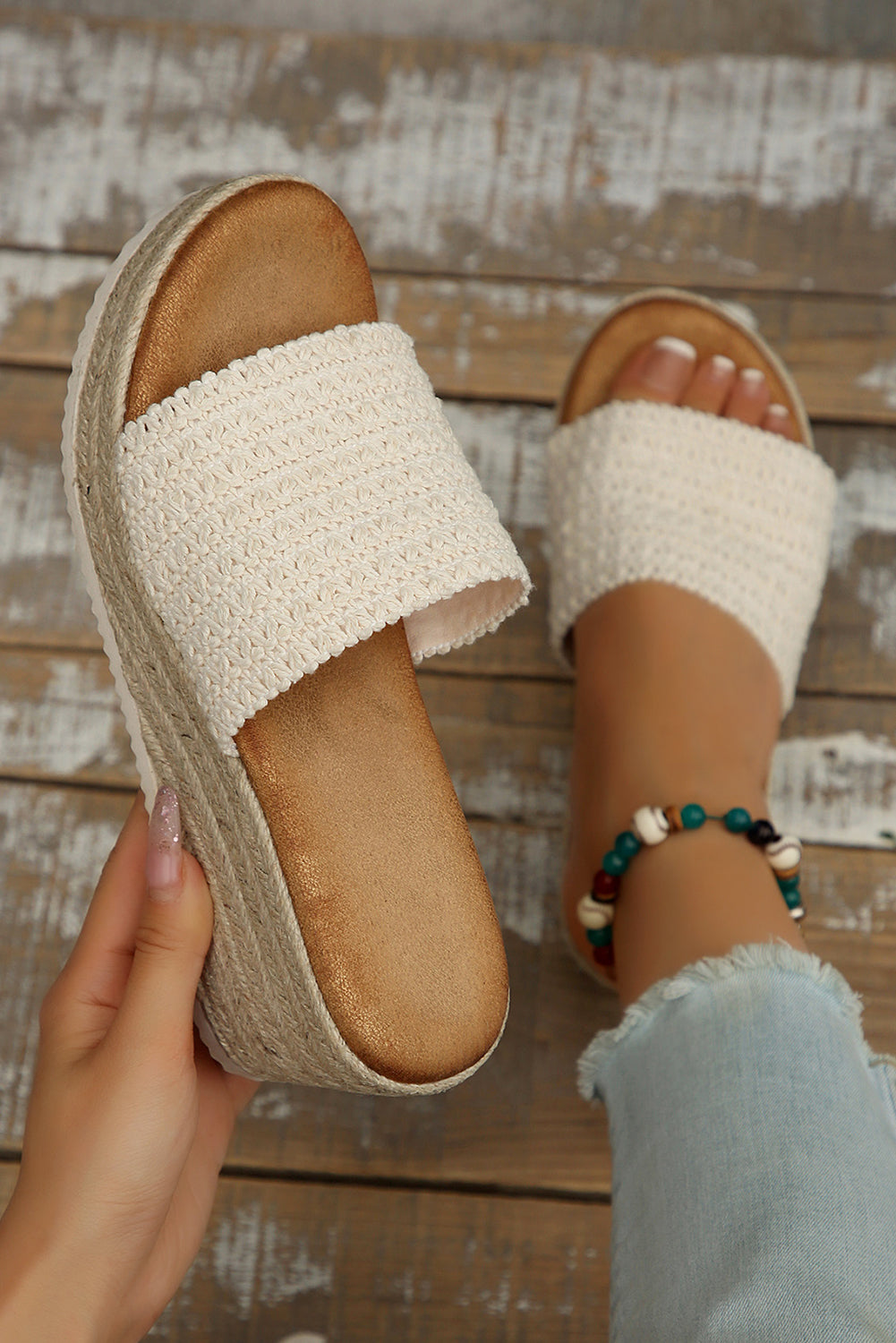 White Boho Woven One Band Wedge Slippers