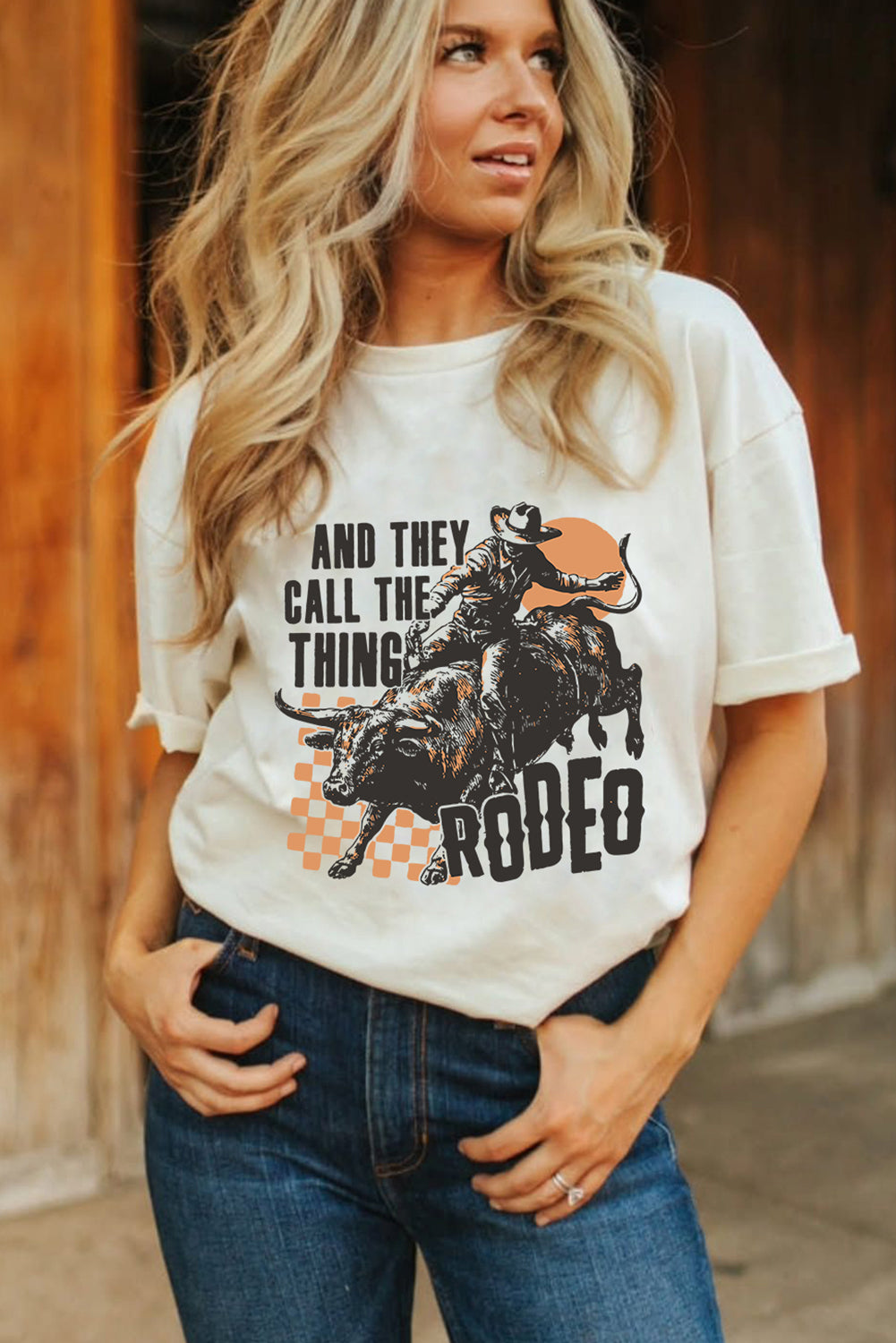 White AND THEY CALL THE THING RODEO Heat Transfer Printing Graphic Crewneck Tee