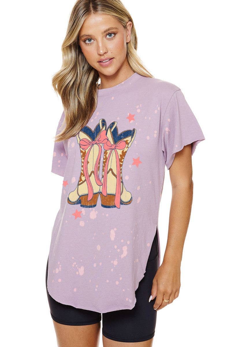 PUFF' Bow Cowboy Boots Graphic Bleached Top: LAVENDER / L
