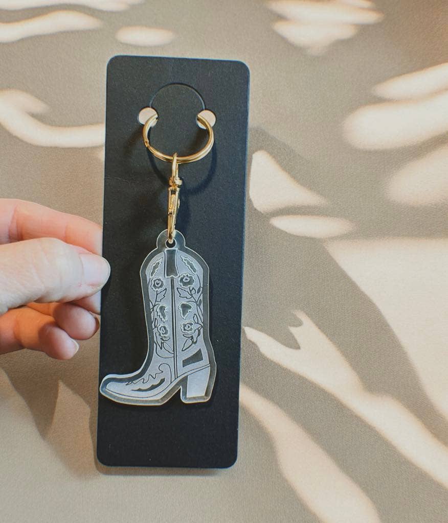 Floral Rose Cowboy Boot Western Keychain Jewelry : Midnight Black / Gold
