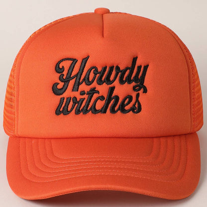 Howdy Witches Embroidered Mesh Back Trucker Hat : BLACK-ORANGE / ONE SIZE