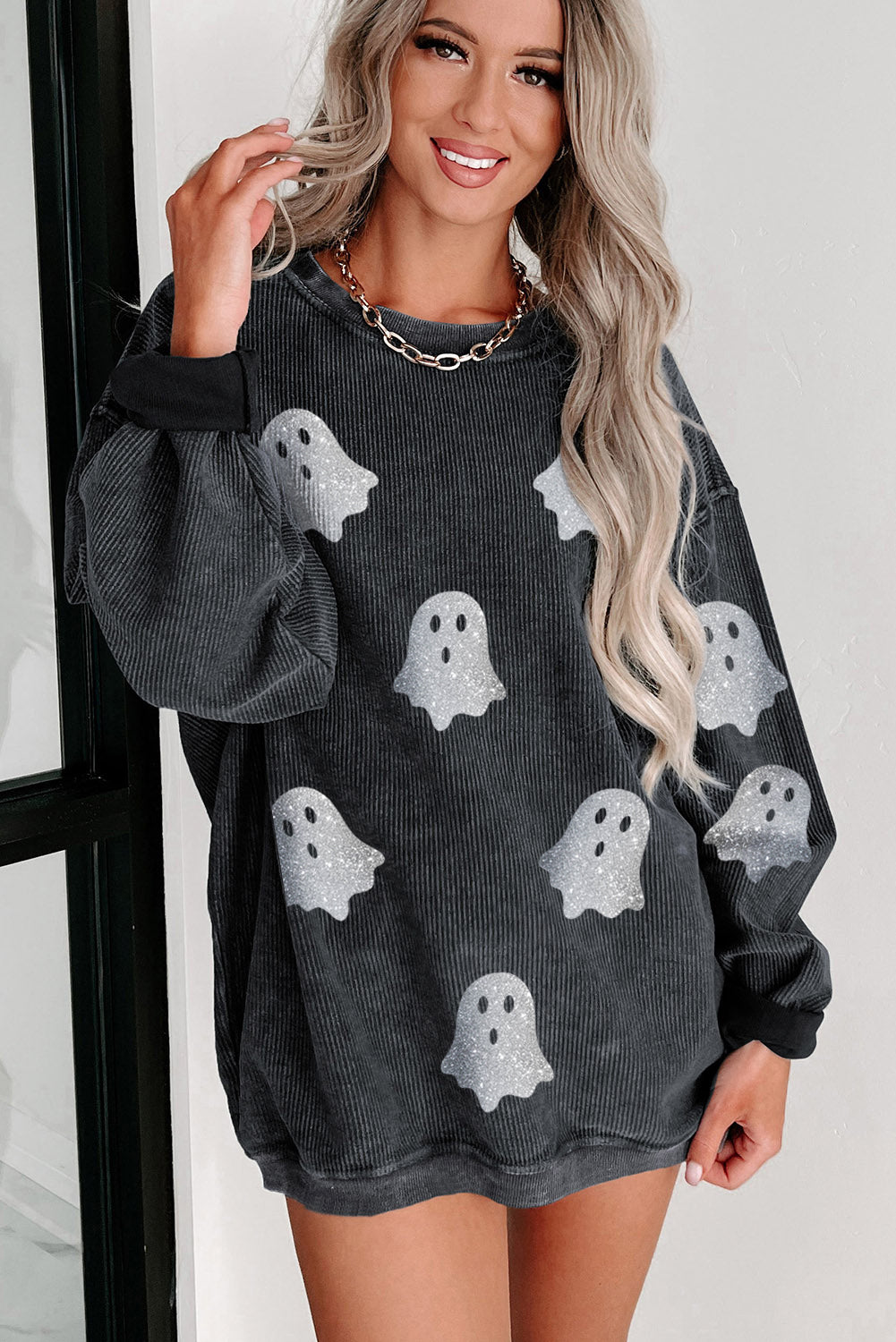 Black Halloween Ghost Transfer Vinyl Process Corded Crew Neck Loose Sweatshirt