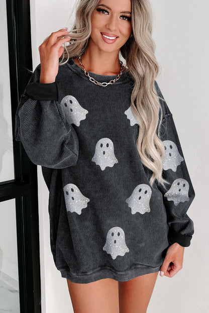 Black Halloween Ghost Transfer Vinyl Process Corded Crew Neck Loose Sweatshirt