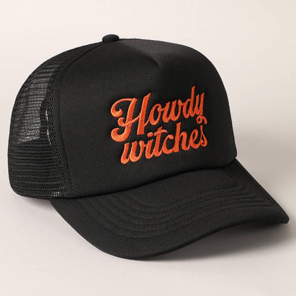 Howdy Witches Embroidered Mesh Back Trucker Hat : BLACK-ORANGE / ONE SIZE