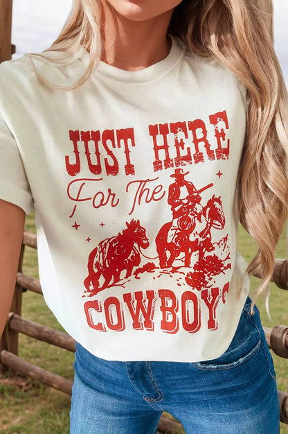 Western JUST HERE For THE COWBOY Cuffed Sleeve T Shirt: As shown / Missy / L