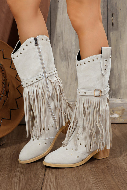 Jet Stream Faux Suede Studded Fringe Trim Heel Boots