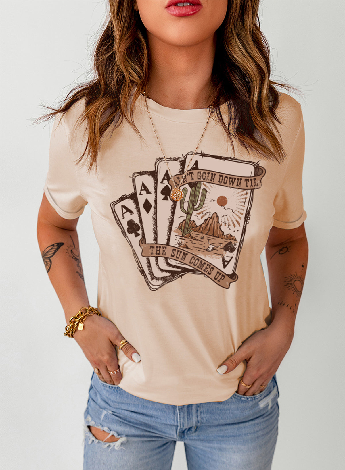 Khaki Western Poker Card Graphic T Shirt