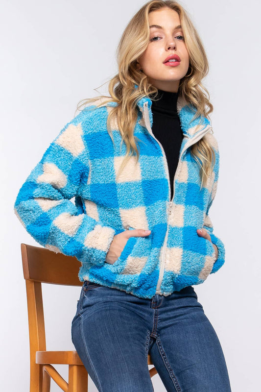 Buffalo Check Teal Zipper Coat