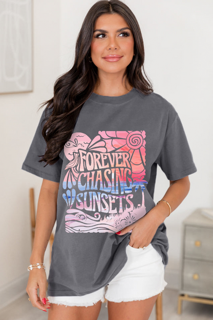Gray FOREVER CHASING SUNSETS Heat Transfer Printing Graphic Summer T Shirt
