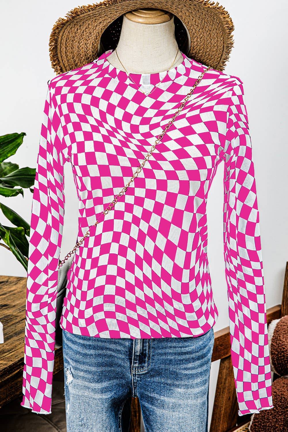 Western Checkered Pattern Mesh Mock Neck Long Sleeve Top: Khaki / Missy / XL