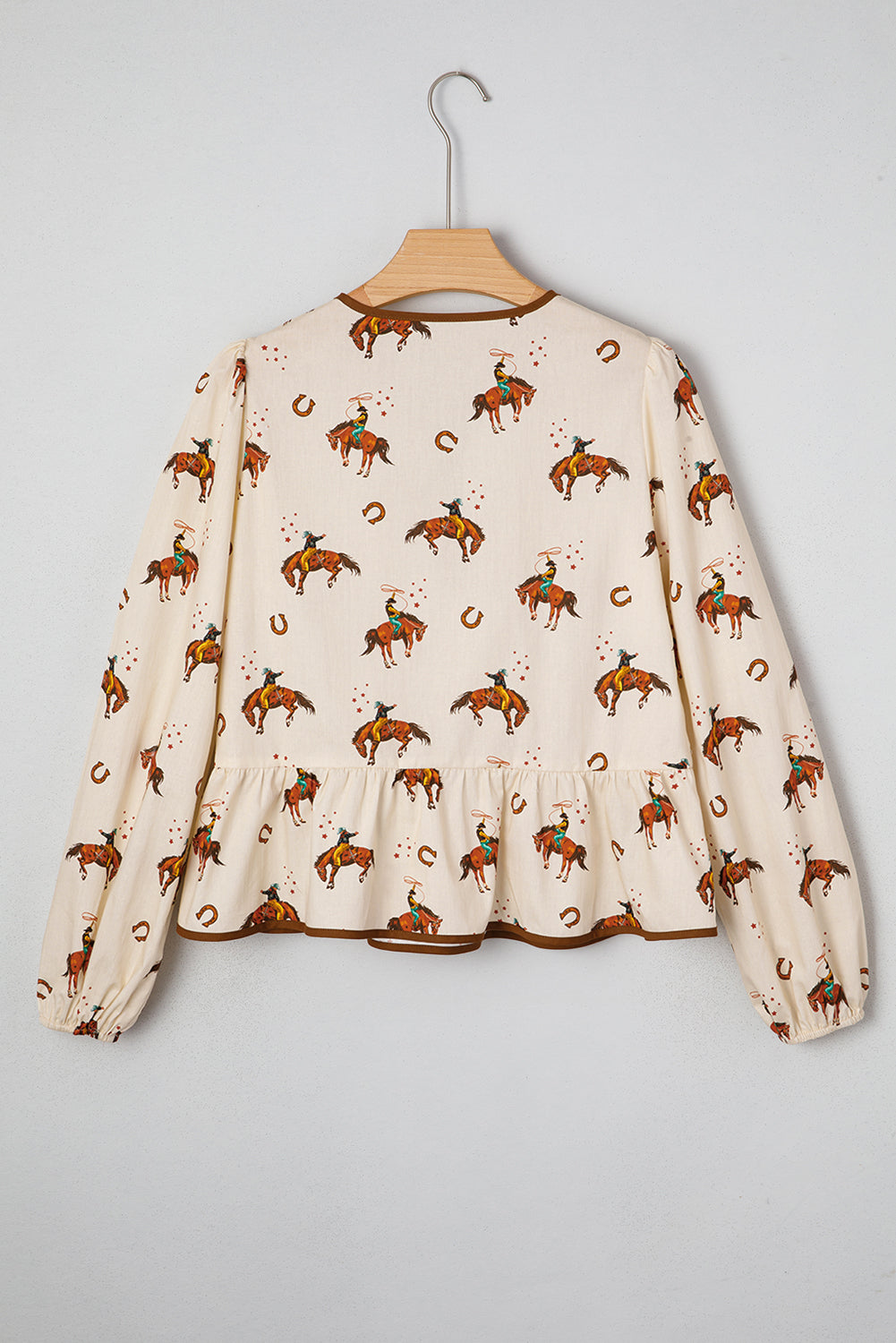Apricot Rodeo Print Tied Front Puff Sleeve Peplum Top