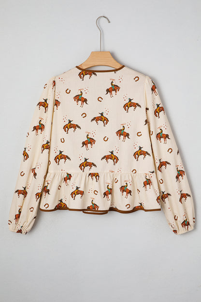 Apricot Rodeo Print Tied Front Puff Sleeve Peplum Top