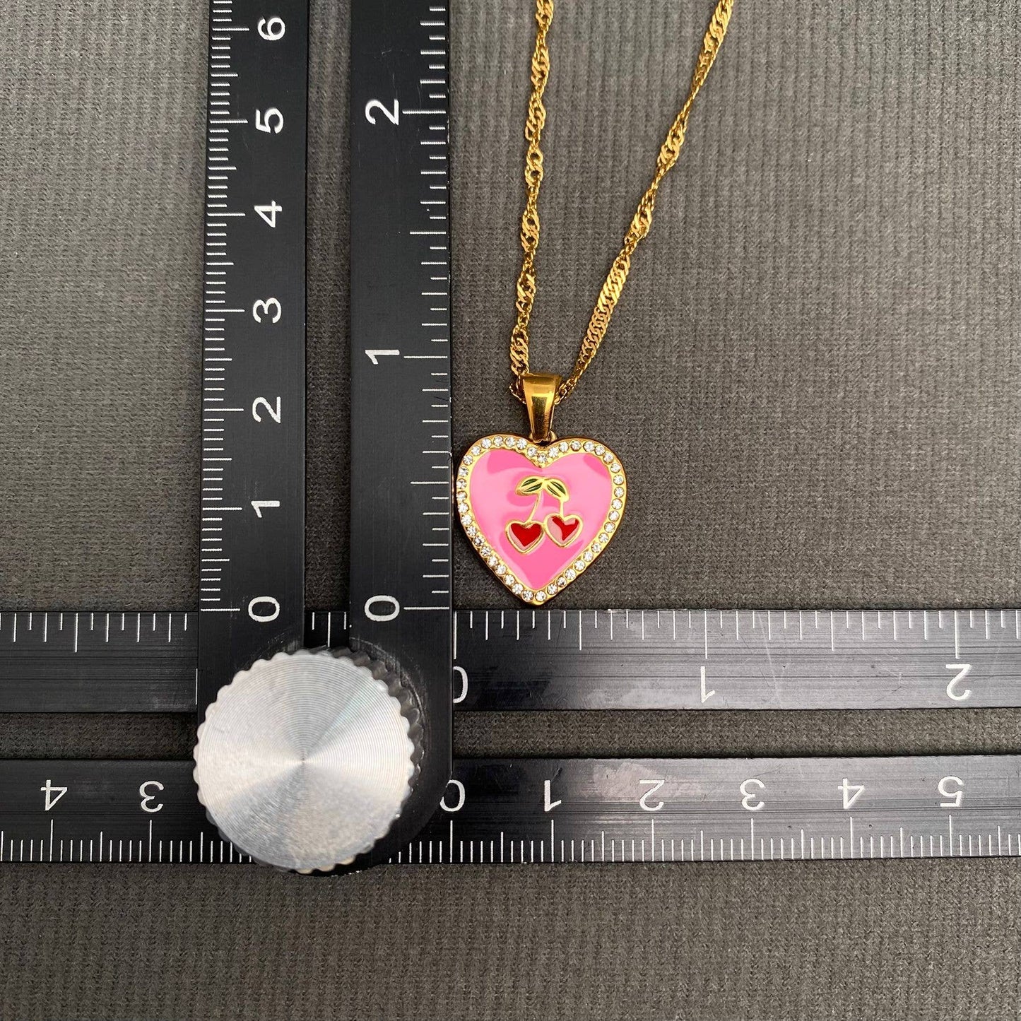 CZ Inlaid Enamel Cherry Heart 18K Golden SS Necklace - FGS