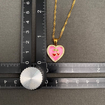 CZ Inlaid Enamel Cherry Heart 18K Golden SS Necklace - FGS